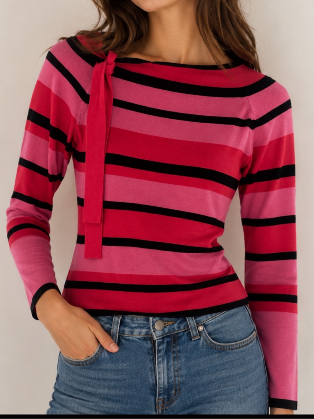 Carlisle Silk Blend Sweater Womens Medium Pink Stripes Bow Long Sleeve
